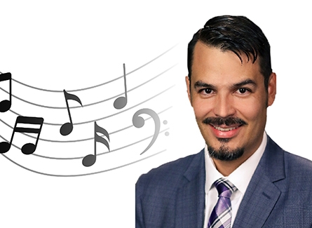 Dr. Anaya with a musical note background